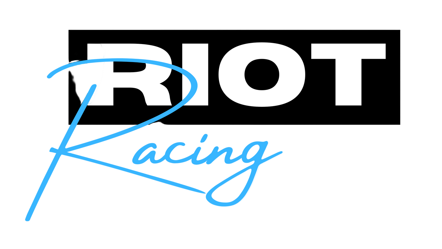 Riot Racing logo with 'RIOT' in white on a black rectangle and 'Racing' in blue below.